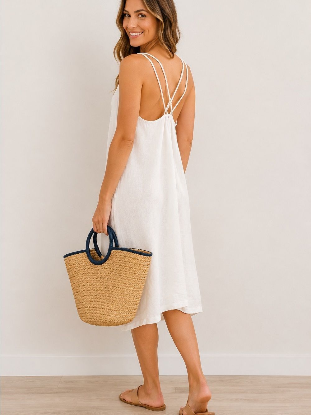 Madison Mathews White Linen Braided Strap Dress – Size L NWOT - Picture 2 of 9